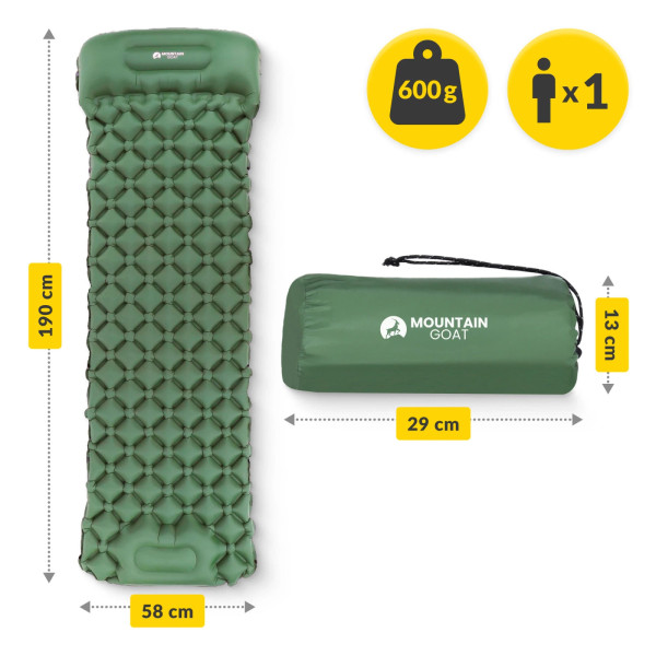 Dmuchany materac turystyczny Mountain Goat jednoosobowy samopompujący khaki