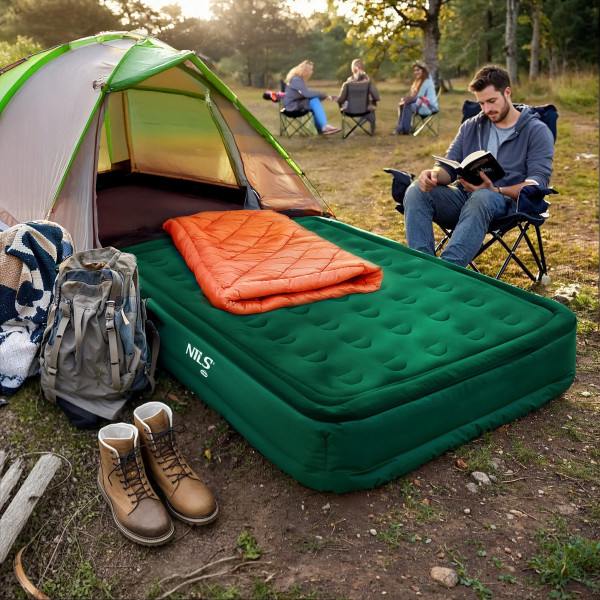 Materac dwuosobowy King Size zielony + pompka elektryczna Nils Camp NC2808