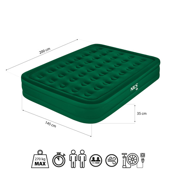 Materac dwuosobowy King Size zielony + pompka elektryczna Nils Camp NC2808